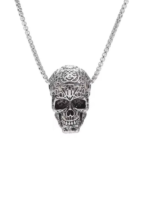 Silberner Totenkopfanstecker-Halskette mit aufwendigem Design und Rosenmotiv