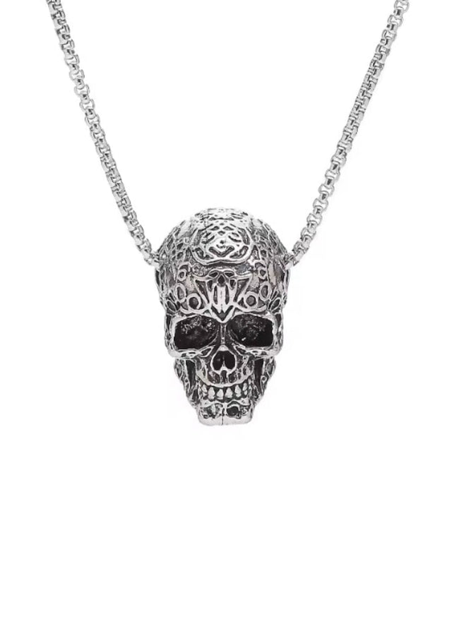 Silberner Totenkopfanstecker-Halskette mit aufwendigem Design und Rosenmotiv