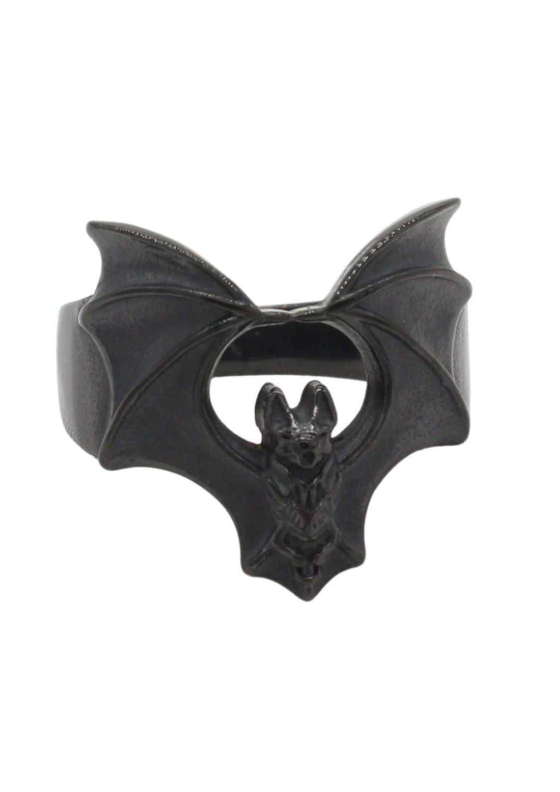 Schwarzes Armband in Form einer Fledermaus mit ausgebreiteten Flügeln, aus Metall gefertigt.