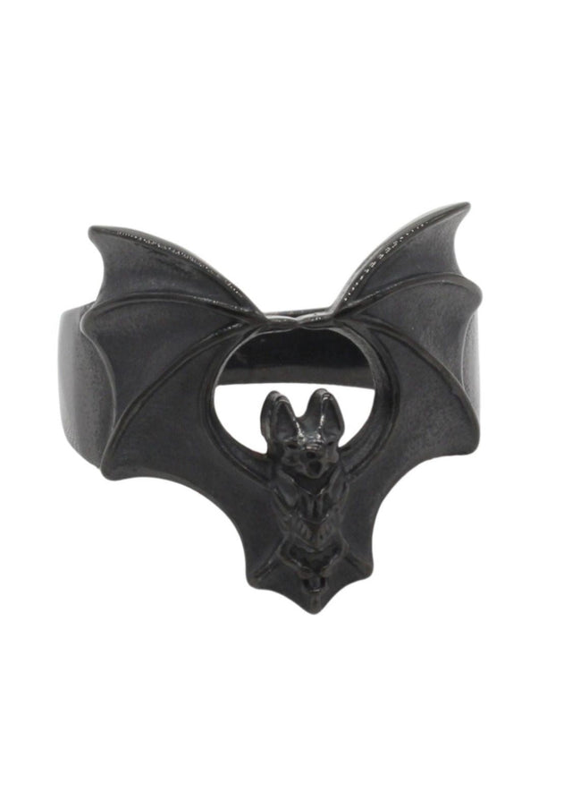 Schwarzes Armband in Form einer Fledermaus mit ausgebreiteten Flügeln, aus Metall gefertigt.