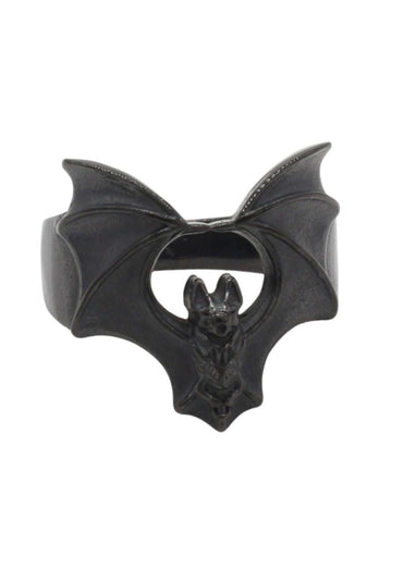 Schwarzer ring the bat black aus metall mit detaillierten flügeln und zentraler fledermausfigur