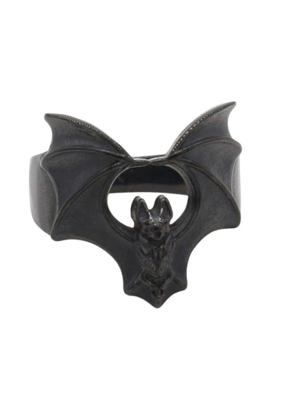 Schwarzer ring the bat black aus metall mit detaillierten flügeln und zentraler fledermausfigur