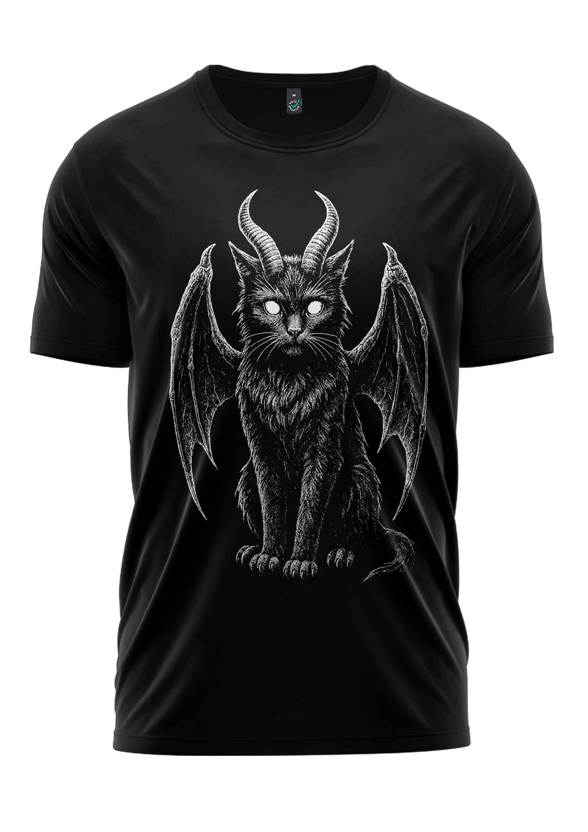 Schwarzes Bio-Baumwolle Shirt THE BAT CAT mit dämonischer Katze