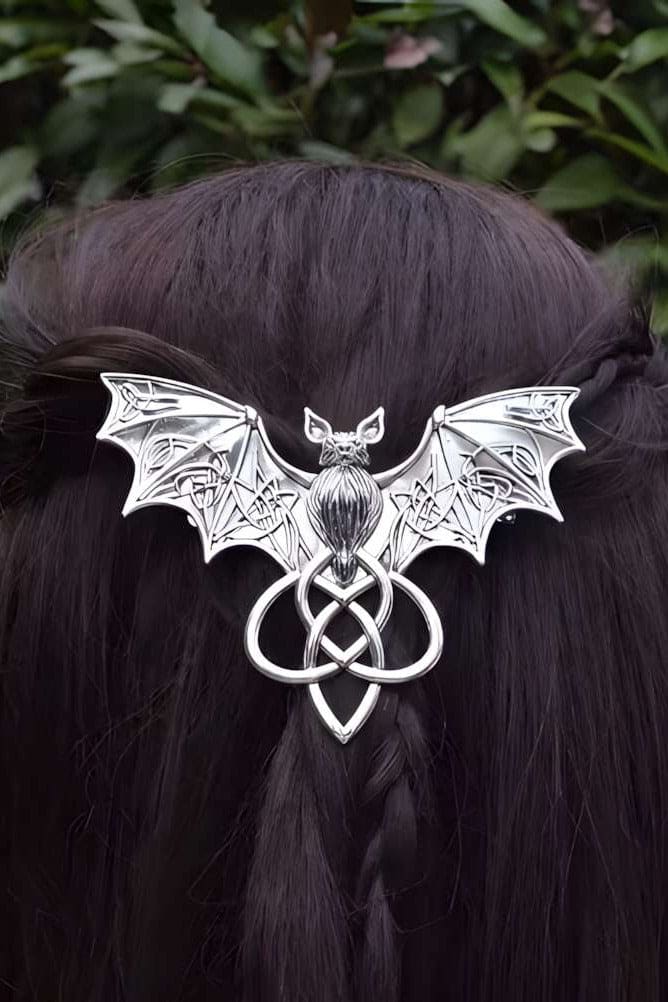 Silberne Fledermaus-Haarklammer The Bat mit gotischem keltischem Knoten und Flügeln