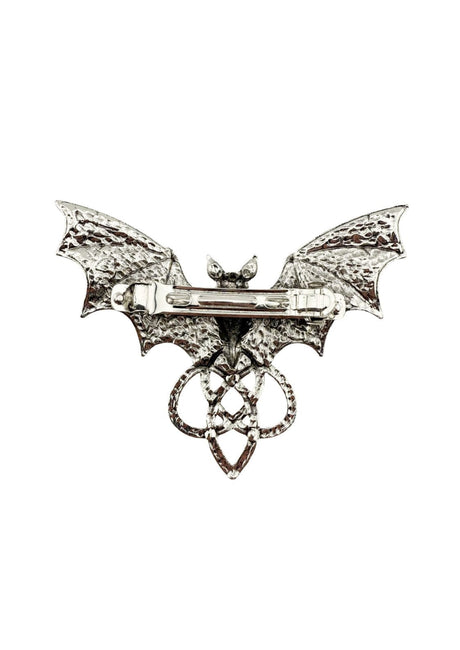 Silberne Fledermausbrosche mit aufwendigen Details und einem Pentagramm-Design am unteren Rand.