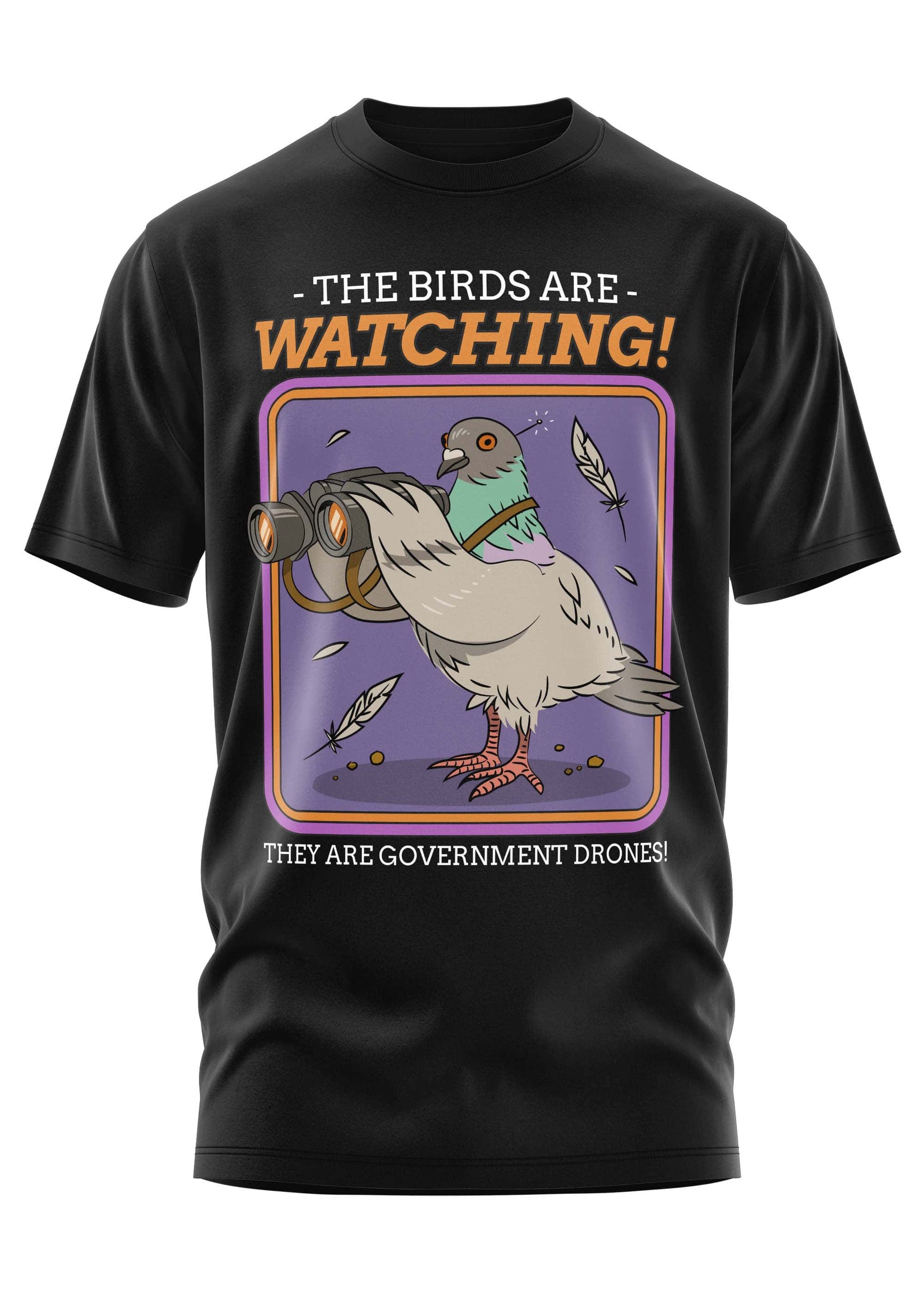 Schwarzes kurzarmshirt mit cartoon-taube und text die vögel beobachten sie sind government drones bitte gothic horror style