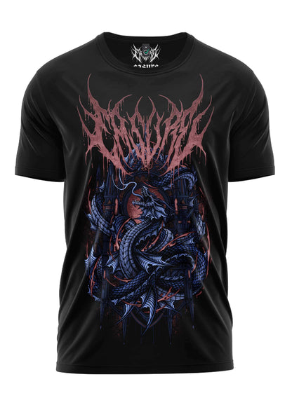 Schwarzes kurzarmshirt mit detaillierter grafik des drachen und tropfender rosa und dunkelblauer tintenoptik aus castle of the dragon dark art