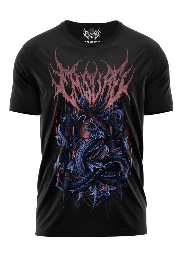 Schwarzes kurzarmshirt mit detaillierter grafik des drachen und tropfender rosa und dunkelblauer tintenoptik aus castle of the dragon dark art