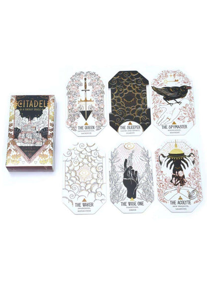 The citadel a fantasy oracle tarot deck features 60 intricately illustrated gothic cards in black white gold and muted pink