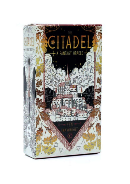 The citadel fantasy oracle tarot deck box with an intricate cityscape in black white gold and muted red tones