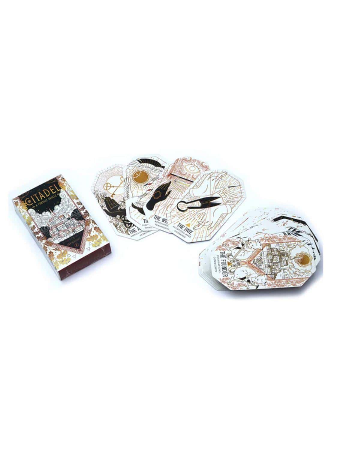 The citadel fantasy oracle tarot deck 60 karten features intricate black white and gold illustrations on cream background