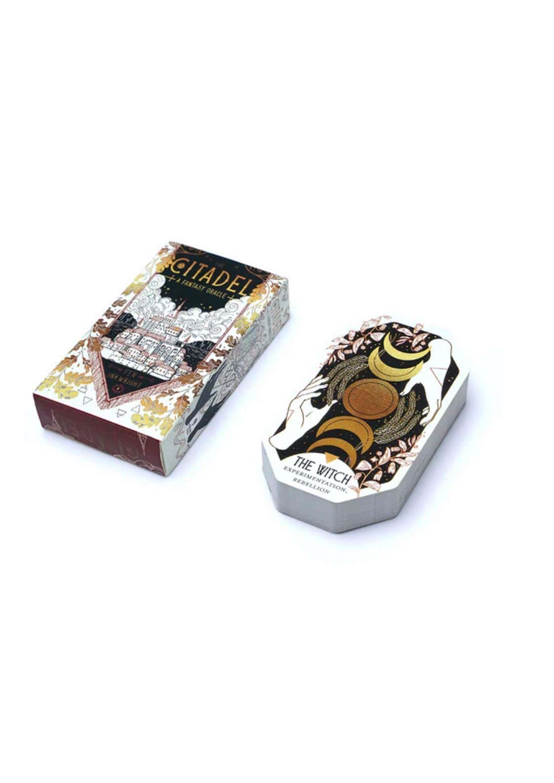 The citadel fantasy oracle tarot deck 60 karten mit dekorativer oktogonaler rückseite in schwarz gold mit mond- und floralmustern