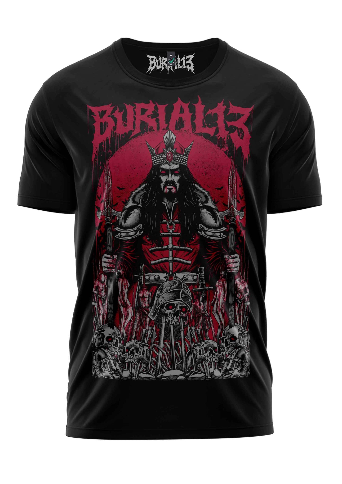 Schwarzes bitte t-shirt mit samurai-design in rot und grau und burial13 marke für gothic horror fans