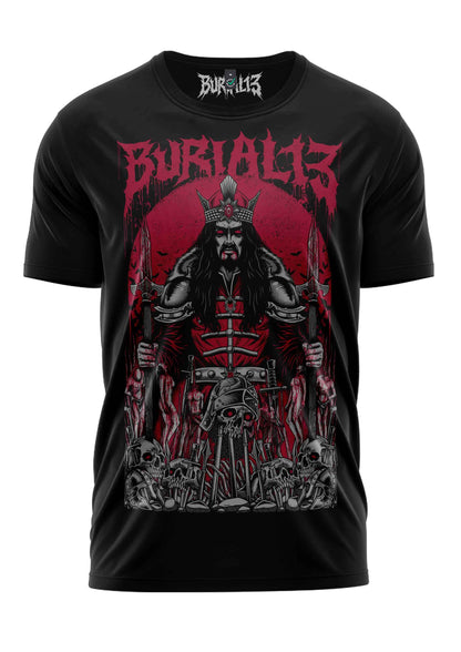 Schwarzes bitte t-shirt mit samurai-design in rot und grau und burial13 marke für gothic horror fans