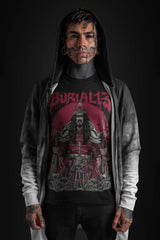 Schwarz-weiße Kapuzenjacke mit Kapuze, langen Ärmeln, abgenutztem Design mit grafischem Druck einer Kriegerfigur in Rot.