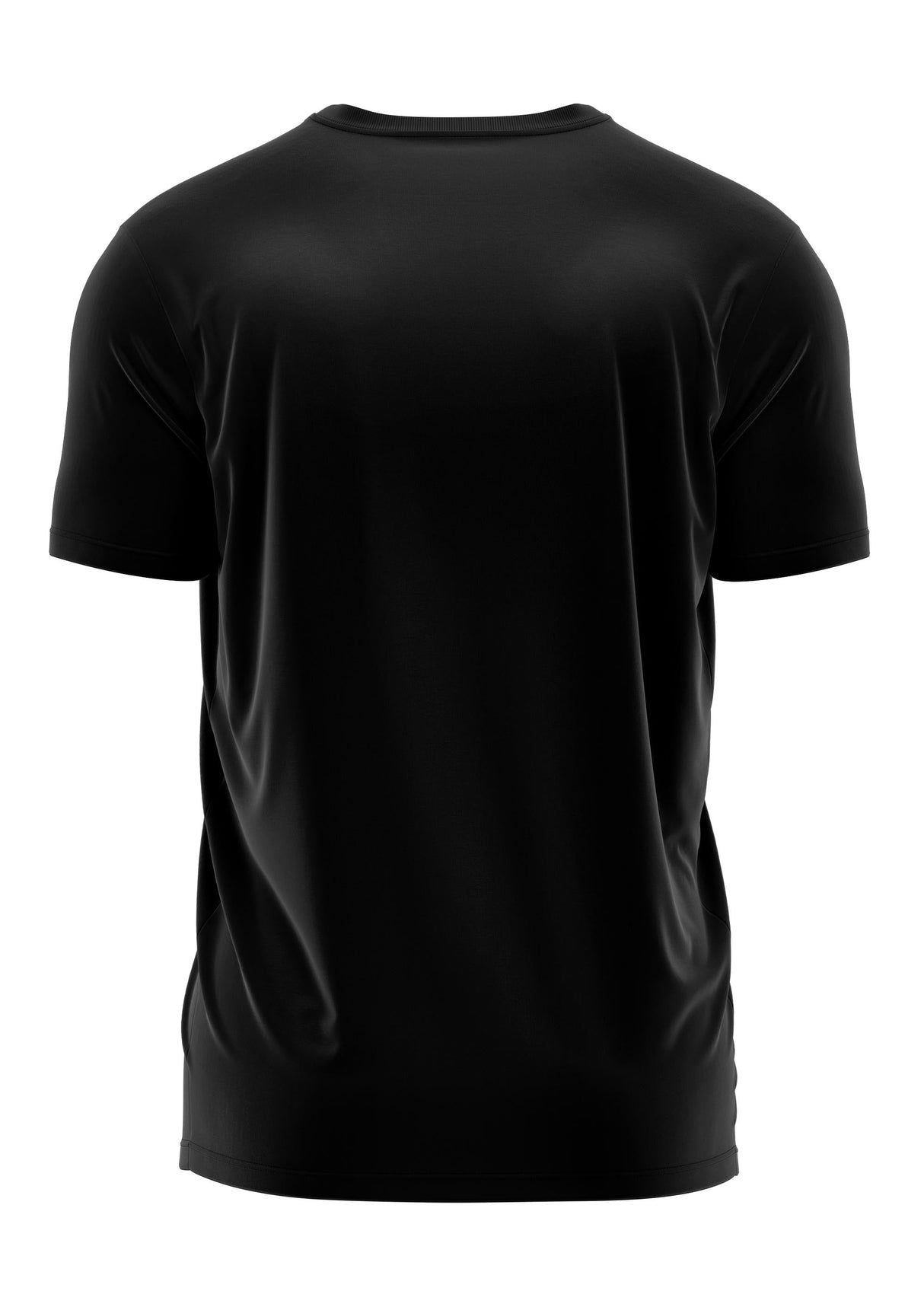 Schwarzes T-Shirt mit kurzen Ärmeln und Rundhals.