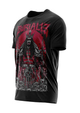 Schwarzes T-Shirt mit Samurai-Design und roten Akzenten.