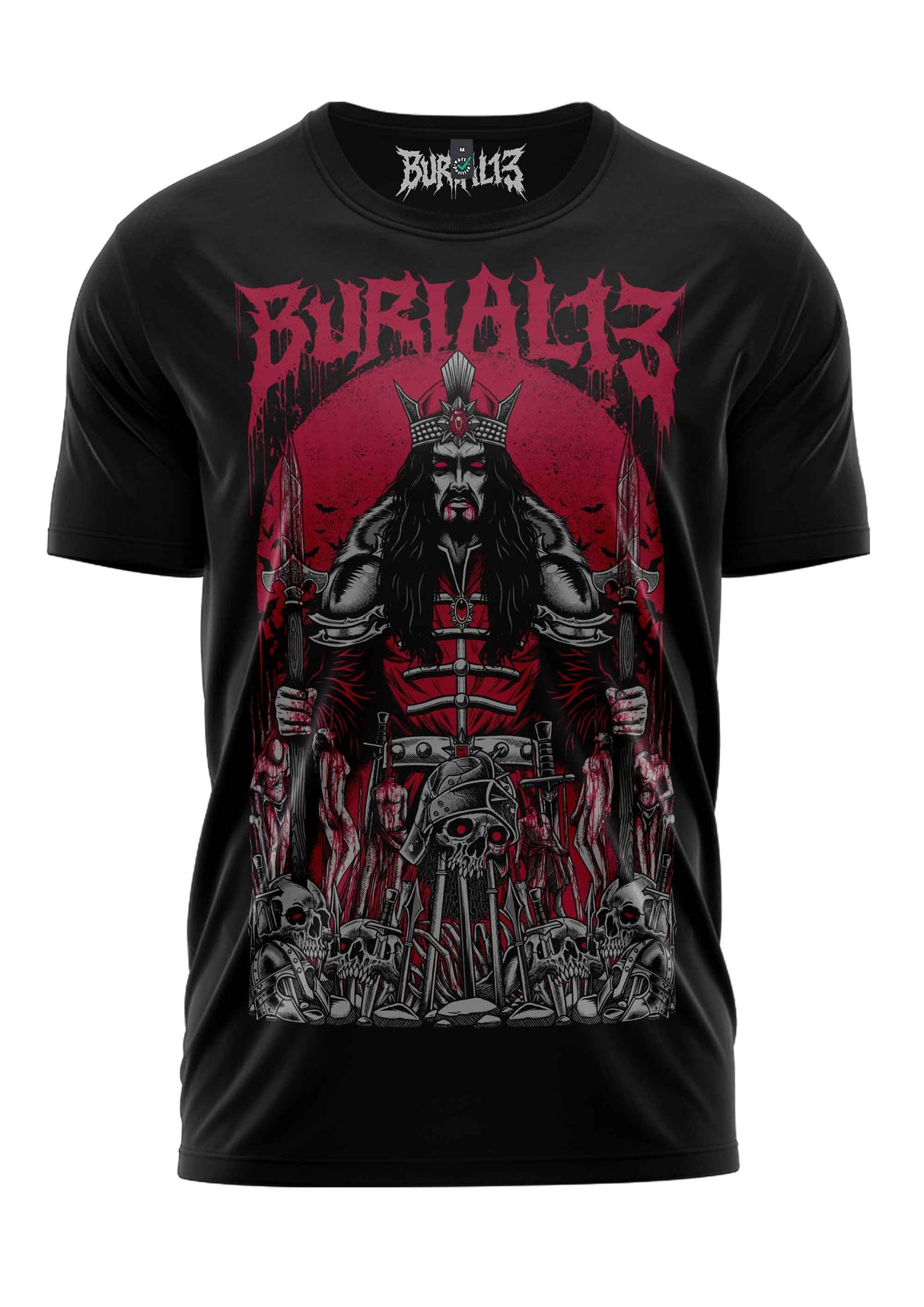 Schwarzes T-Shirt mit Samurai-Design in Rot und Grau, das die Marke „burial13“ prominent anzeigt.