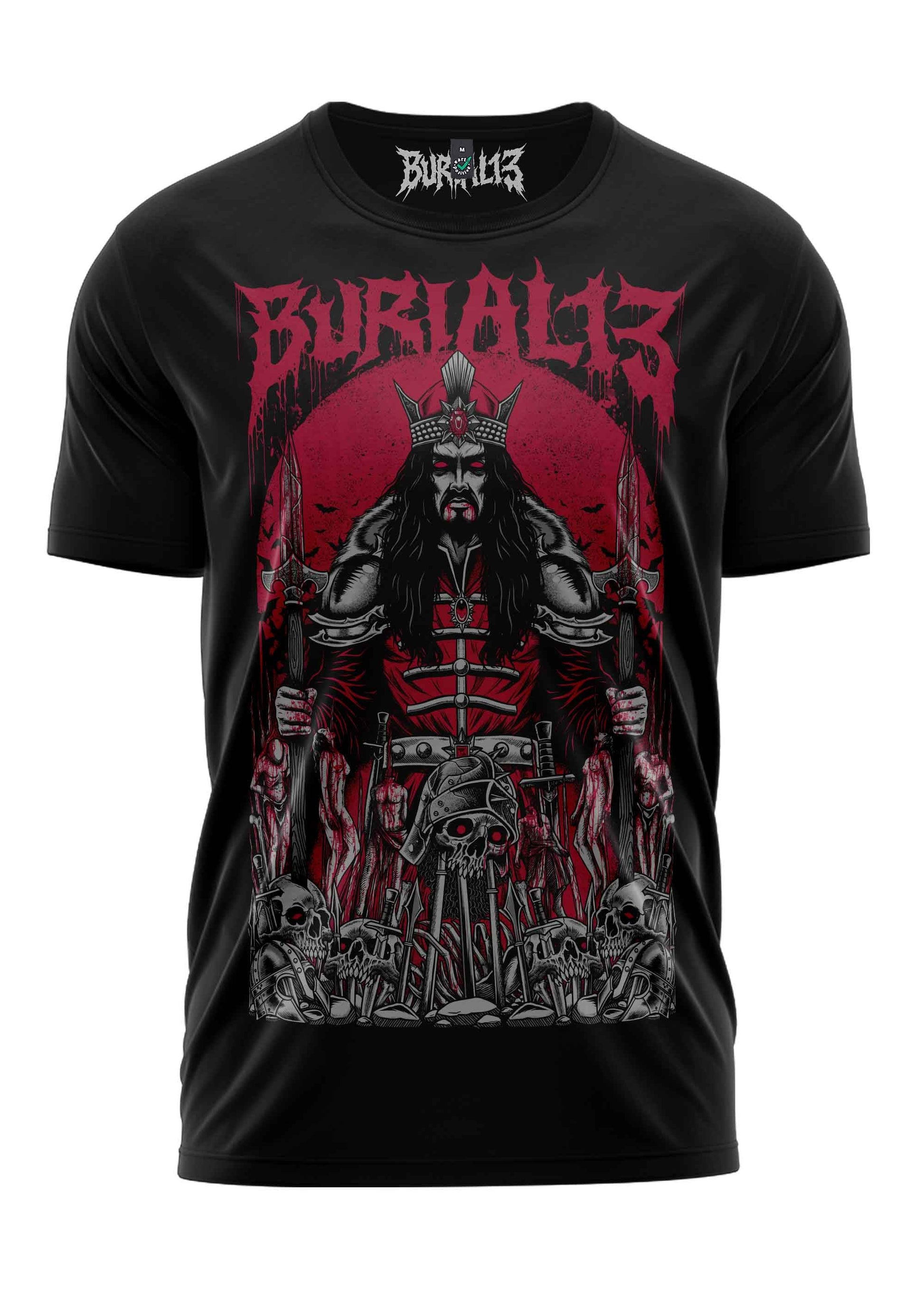 Schwarzes T-Shirt mit Samurai-Design in Rot und Grau, das die Marke „burial13“ prominent anzeigt.