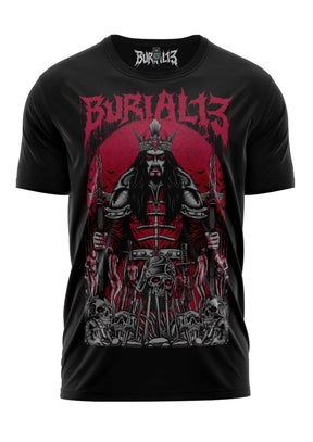 Schwarzes T-Shirt mit Samurai-Design in Rot und Grau, das die Marke „burial13“ prominent anzeigt.