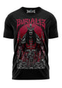 Schwarzes T-Shirt mit Samurai-Design in Rot und Grau, das die Marke „burial13“ prominent anzeigt.