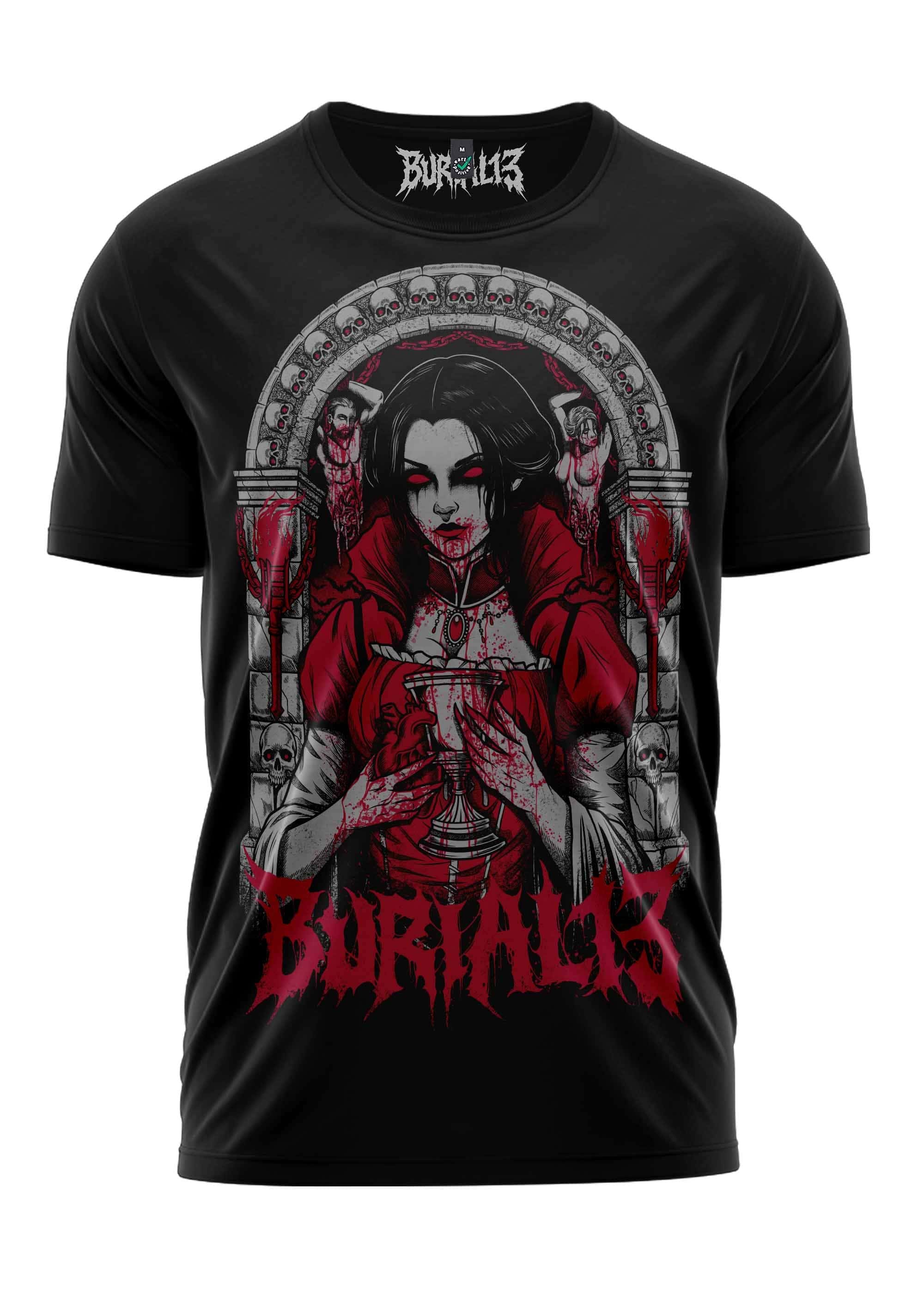 Schwarzes T-Shirt mit rot-weißem Grafikdesign, das eine gotische Figur mit Kelchen zeigt.