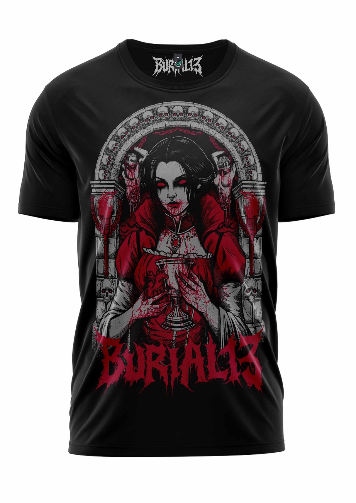 Schwarzes T-Shirt mit rot-weißem Grafikdesign, das eine gotische Figur mit Kelchen zeigt.