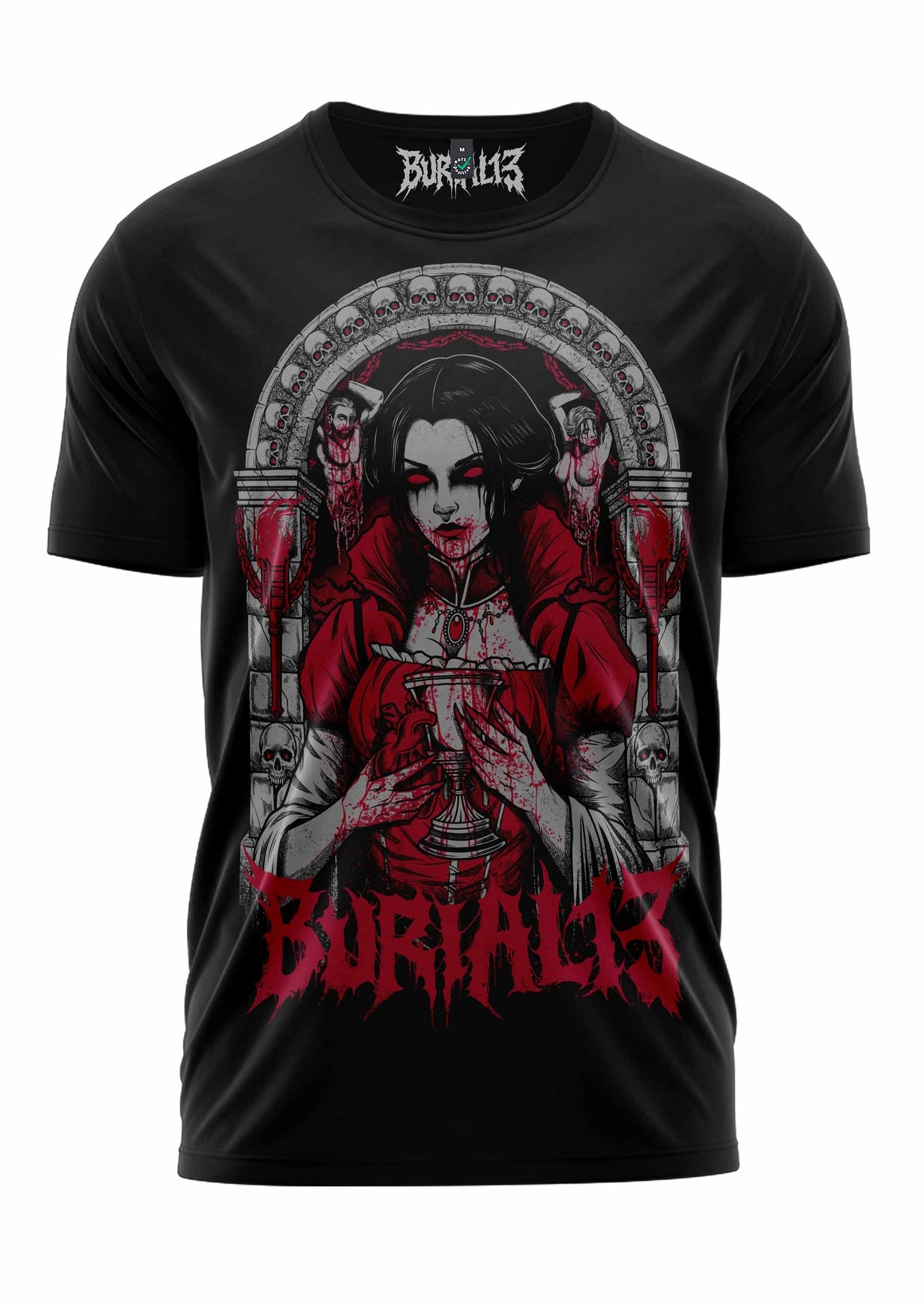 Schwarzes T-Shirt mit rot-weißem Grafikdesign, das eine gotische Figur mit Kelchen zeigt.