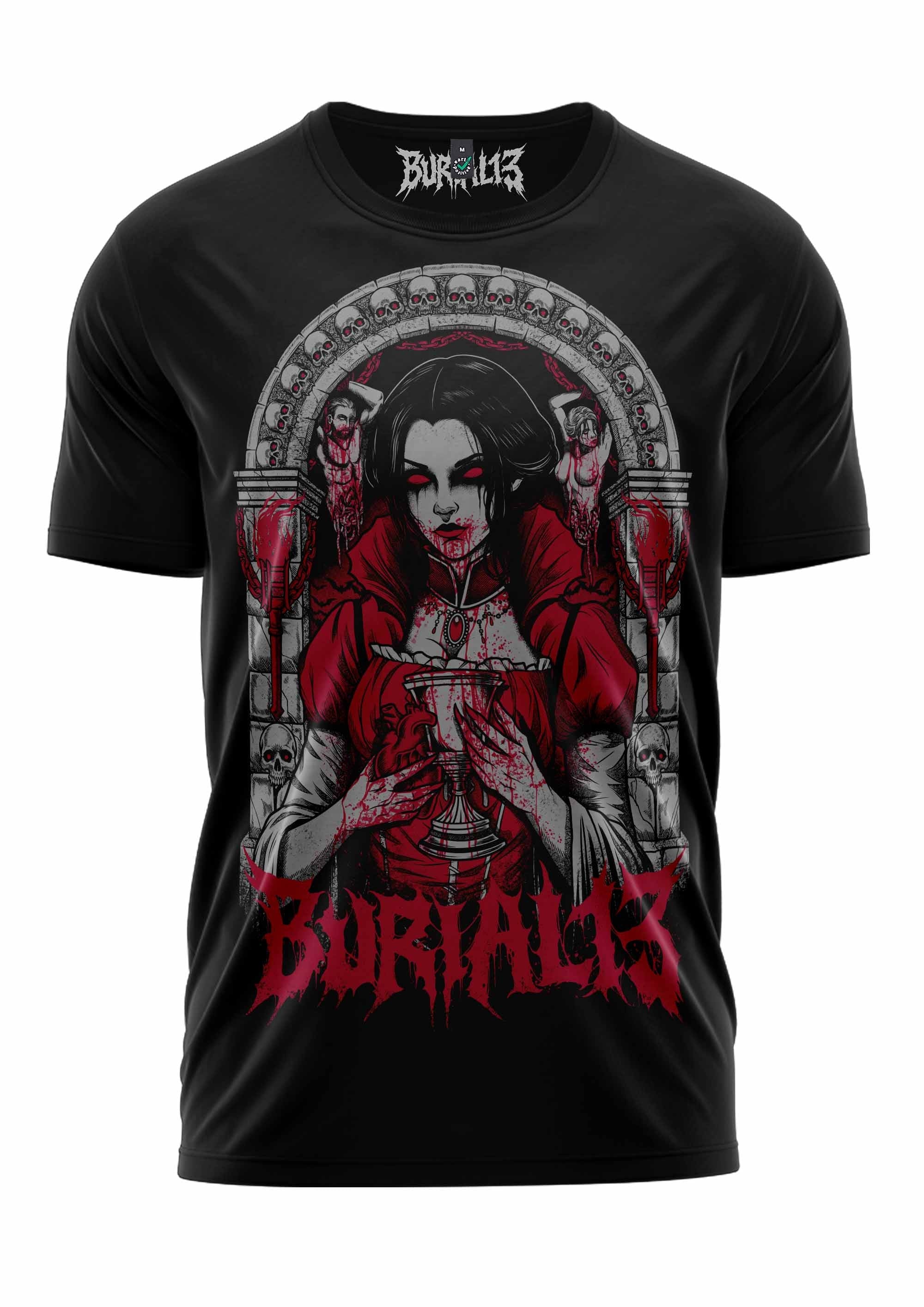 Schwarzes T-Shirt mit rot-weißem Grafikdesign, das eine gotische Figur mit Kelchen zeigt.