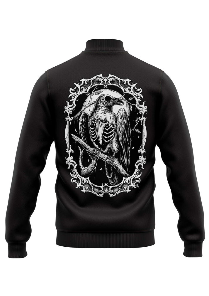 Black bomber jacke the crow mit weiße skelett vogel grafik und ornamenten aus strapazierfähigem stoff unisex college-jacke