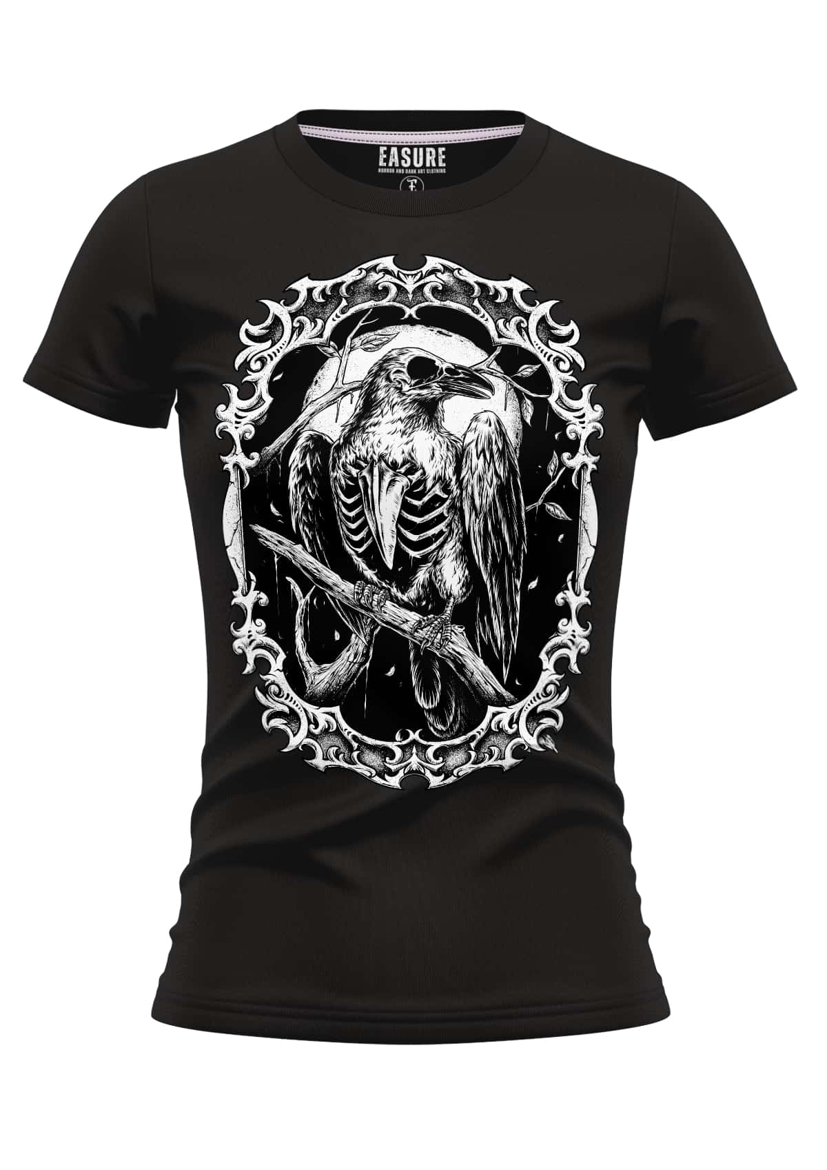 Schwarzes damen t-shirt the crow mit weißem skelett raben motiv auf strapazierfähigem stoff und weicher qualität