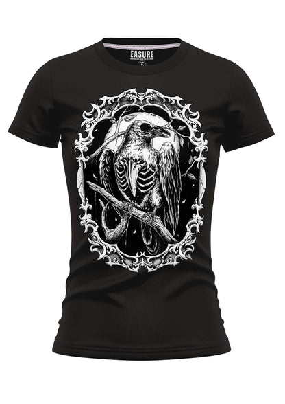 Schwarzes damen t-shirt the crow mit weißem skelett raben motiv auf strapazierfähigem stoff und weicher qualität