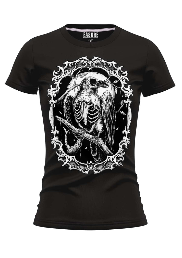 Schwarzes damen t-shirt the crow mit weißem skelett raben motiv auf strapazierfähigem stoff und weicher qualität