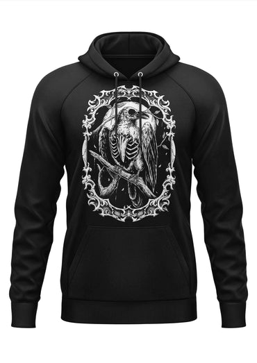 Schwarzer hoodie the crow mit detailliertem weißen skelett-raben und gotischer scroll-verzierung für gothic fans