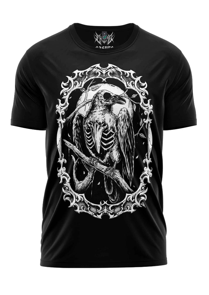Black short-sleeved gothic horror t-shirt featuring a detailed white skeletal crow graphic framed by baroque scrollwork
