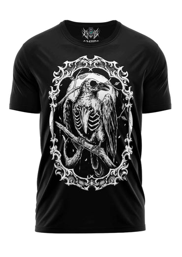 Schwarzes gothic t-shirt mit weißem skelettkrähen-grafik und ornamentalen scrollarbeiten bitte horror design