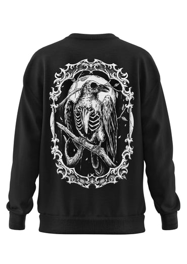 Schweres unisex-sweatshirt the crow aus recyceltem polyester mit weißem skelett-rabe und gotischem scrollwork auf schwarz