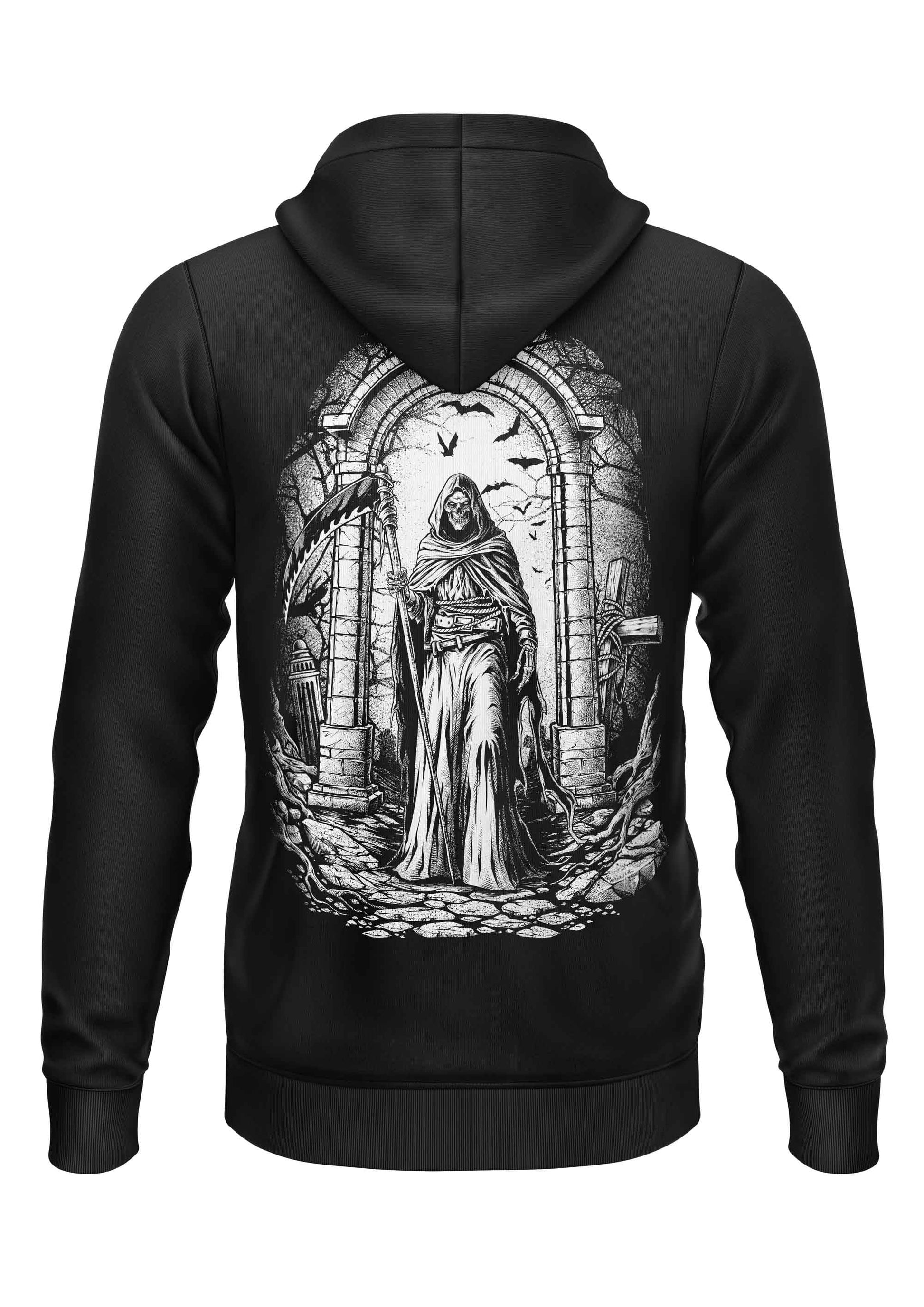 Schwarzes Gothic-Hoodie mit Grim Reaper-Motiv, Fledermäuse und Grabsteine