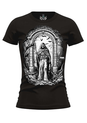 Schwarzes death girlie shirt mit detailliertem schwarz-weiß-grim reaper in gotischem steintor für okkult mode