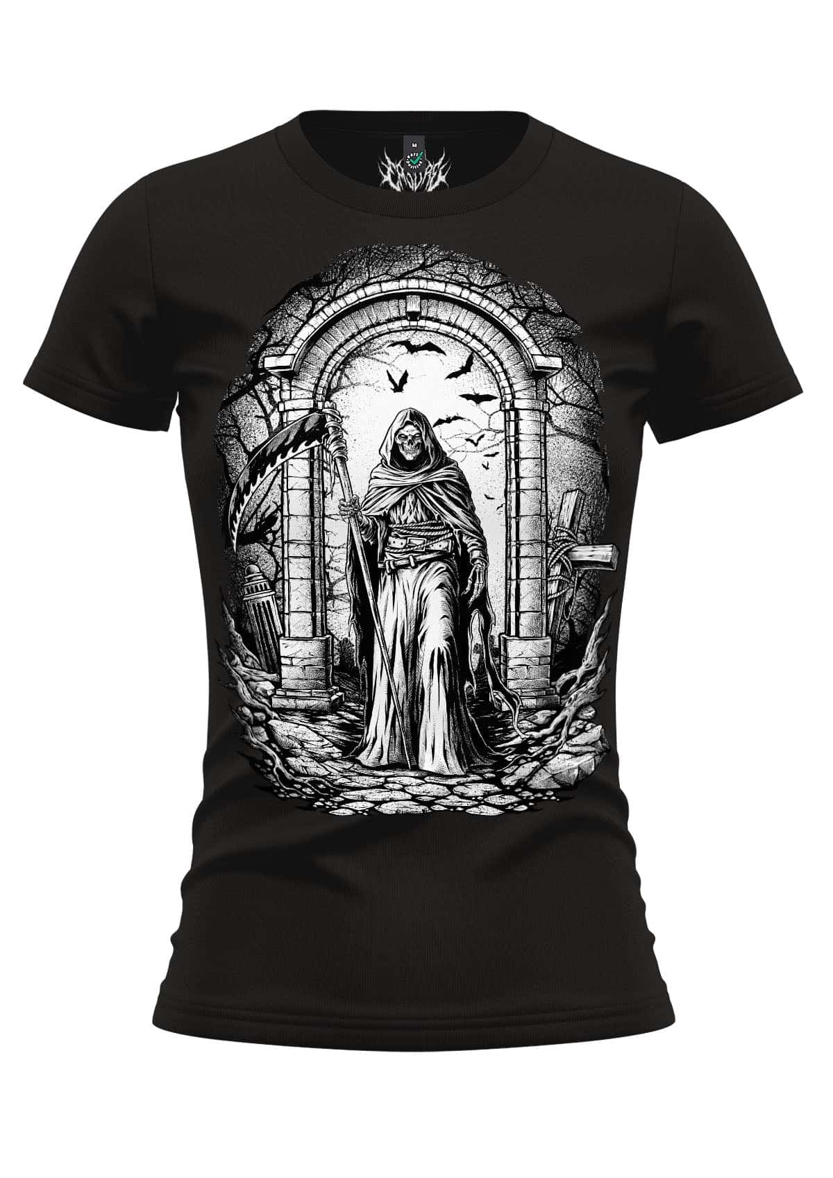Schwarzes death girlie shirt mit detailliertem schwarz-weiß-grim reaper in gotischem steintor für okkult mode