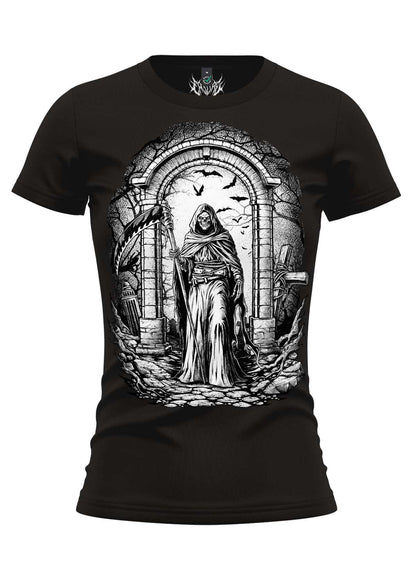 Schwarzes death girlie shirt mit detailliertem schwarz-weiß-grim reaper in gotischem steintor für okkult mode