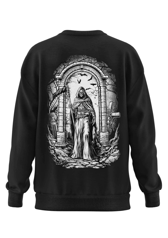 Schweres unisex-sweatshirt in schwarz mit detailreichem grim reaper grafik aus recyceltem polyester und strapazierfähigem stoff