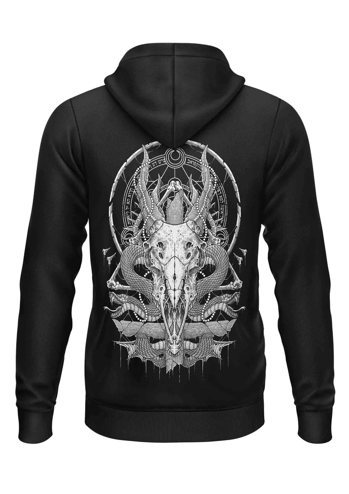 Schwerer unisex hoodie in schwarz mit detailliertem weißen schädel-motiv und schlangen auf der rückseite von lizenzierte bekleidung ltd