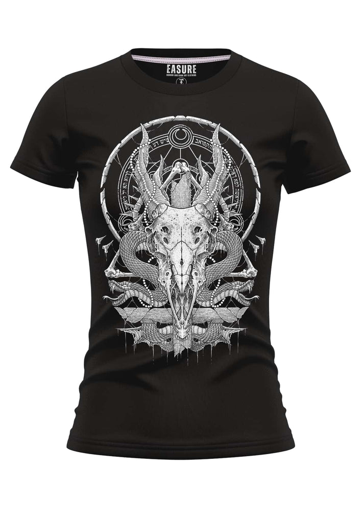 Black womens the deer girlie-shirt mit detailliertem weißem ziegenschädel grafiken auf weiche qualität