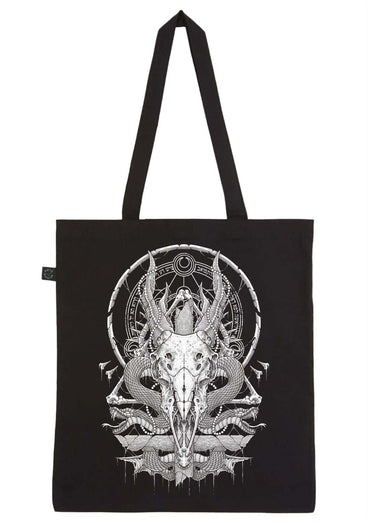 Schwarze leinentasche the deer mit detailliertem weißem line-art eines gothischen ziegenschädels und mystischen symbolen