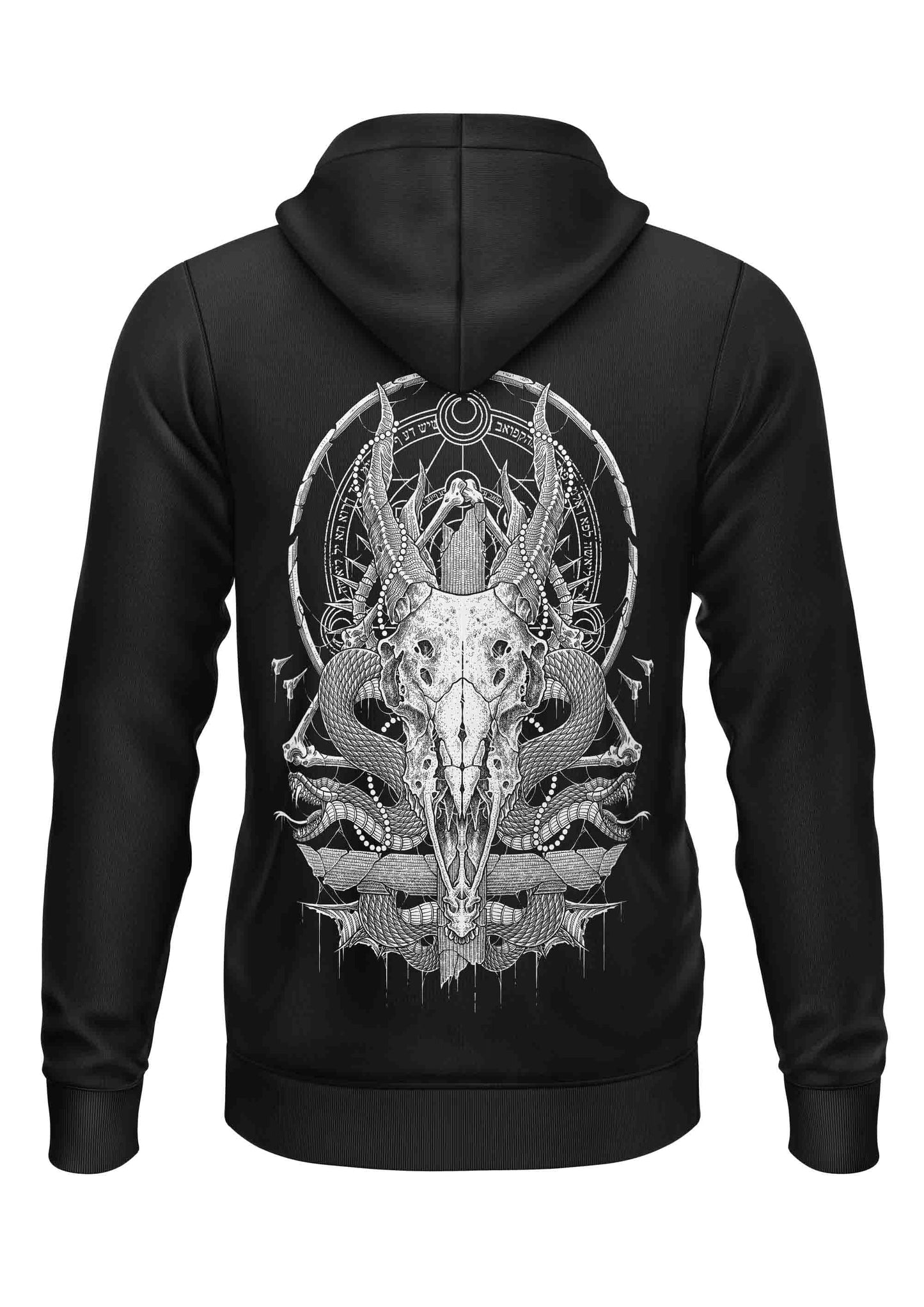 Schwarze Zip-Up-Hoodie THE DEER - ZIPPER mit weißem Ornament-Schädel, recyceltes Polyester, strapazierfähiger Stoff
