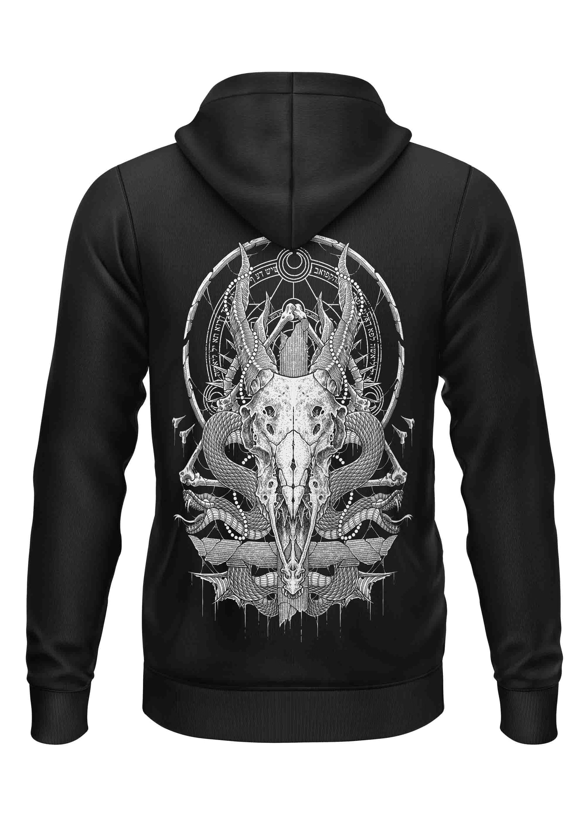 Schwarze Zip-Up-Hoodie THE DEER - ZIPPER mit weißem Ornament-Schädel, recyceltes Polyester, strapazierfähiger Stoff