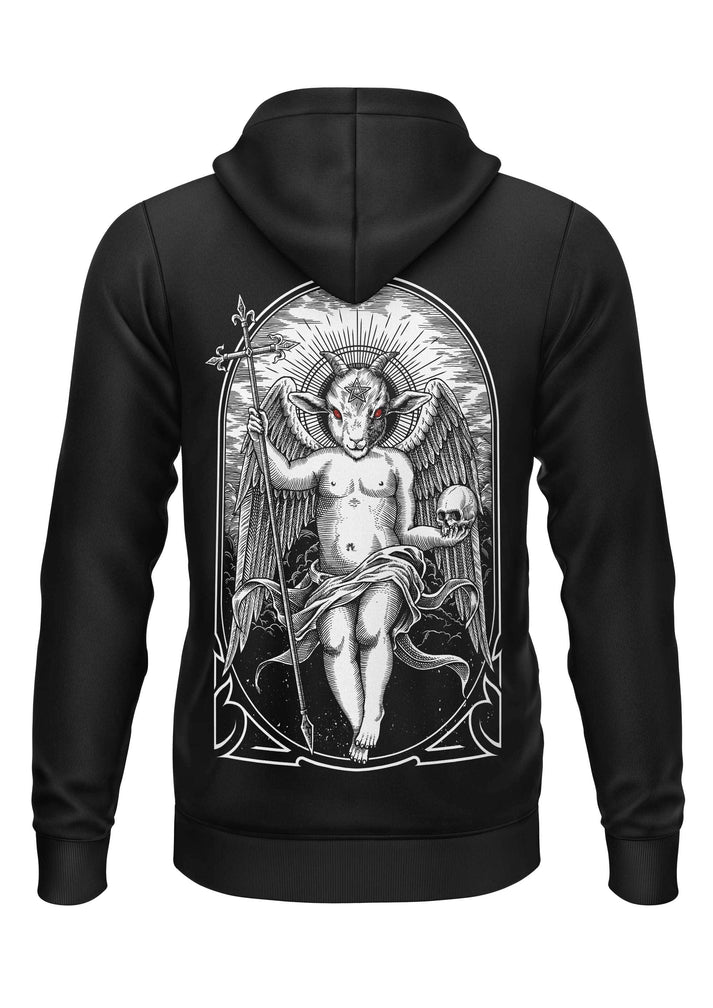 Schwarzer zip-hoodie mit weißer linienkunst eines geflügelten hornigen dämon engel mit roten augen auf der rückseite gaia lizenzierte bekleidung