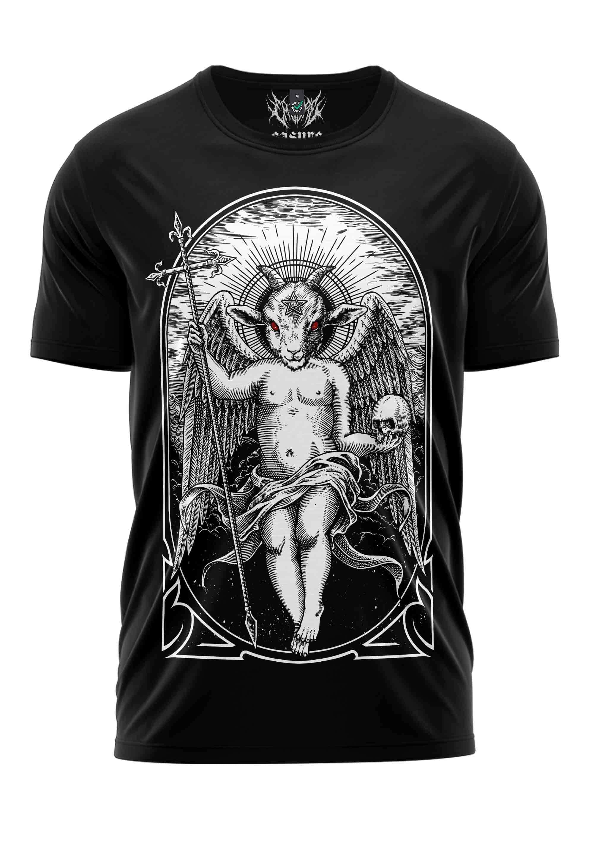 Schwarzes Satanas Shirt mit dämonischem Engel-Motiv für düsteren Eindruck