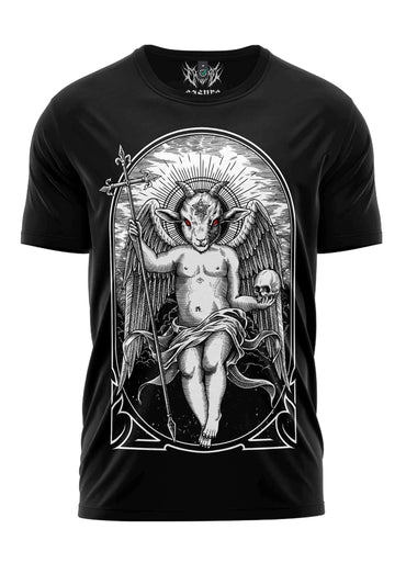 Schwarzes cotton gothic hemd mit weißem line-art dämonenengel mit staff und schädel auf der front